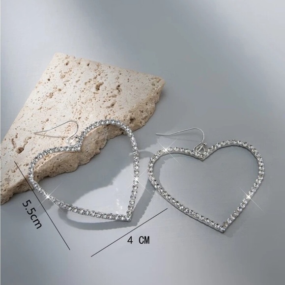 Cali Big Heart Design Sparkling Rhinestone Earrings silver 2.2”x1.60” - Picture 9 of 10